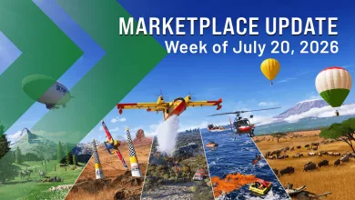 Microsoft Flight Simulator 2024 Marketplace Update graphic showing multiple aircraft, mountainous scenery, water activities, wildlife, and hot-air balloons