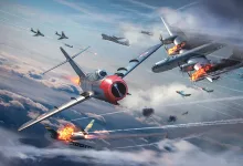 A MiG-15 fighter flies among burning B-29 bombers and other aircraft above the clouds