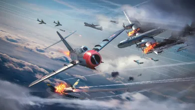 A MiG-15 fighter flies among burning B-29 bombers and other aircraft above the clouds
