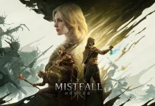 Mistfall Hunter characters stand amid a dark fantasy landscape with ruined structures and looming creatures
