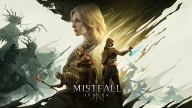 Mistfall Hunter characters stand amid a dark fantasy landscape with ruined structures and looming creatures