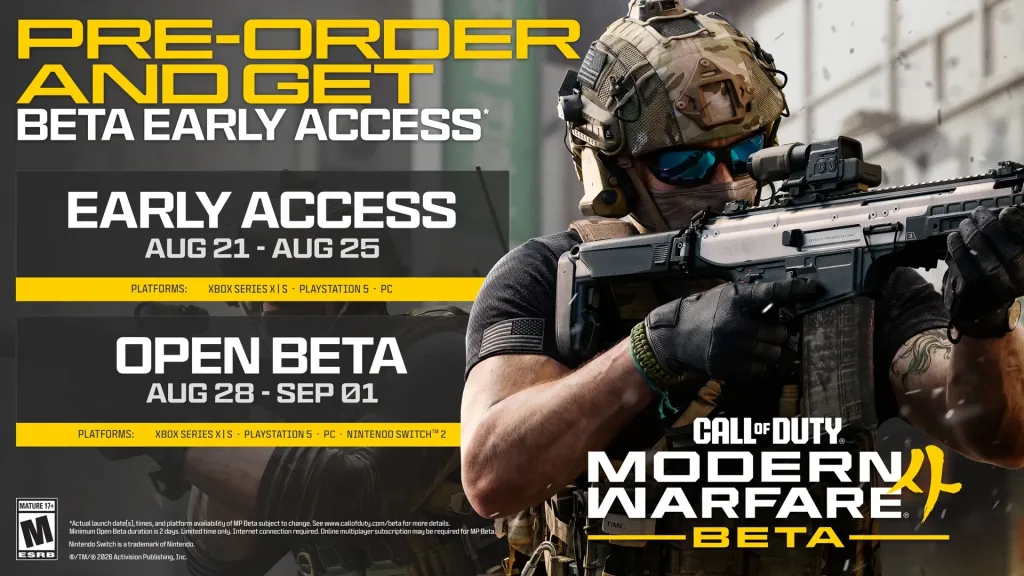 Modern Warfare 4 beta schedule showing Early Access and Open Beta dates