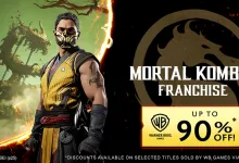 Scorpion appears beside the Mortal Kombat logo and a Warner Bros. Games offer advertising up to 90% off selected titles on Steam