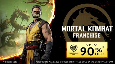 Scorpion appears beside the Mortal Kombat logo and a Warner Bros. Games offer advertising up to 90% off selected titles on Steam