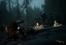 A warrior faces a towering creature in a dark forest during Mortal Shell 2 gameplay