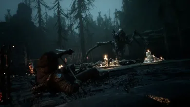 A warrior faces a towering creature in a dark forest during Mortal Shell 2 gameplay