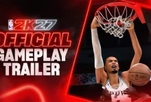 NBA 2K27 player dunking beside the game's official gameplay trailer title