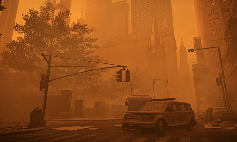 Orange dust storm obscures a New York street with buildings, traffic lights, and vehicles visible through the haze