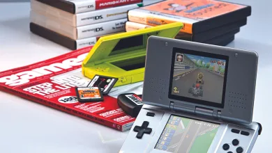 Nintendo DS consoles, games, and accessories arranged on a table