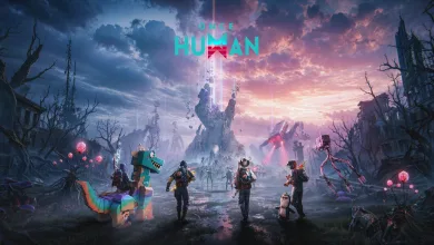 Once Human characters and creatures stand in a dark, otherworldly landscape beneath a dramatic sky