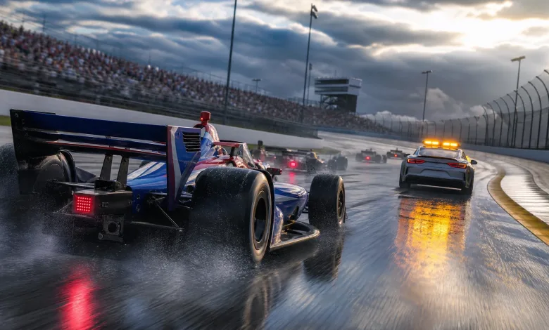 Open-wheel race cars follow a safety car around a wet oval circuit during a caution period.