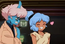 Two anime-inspired Orbitals characters stand together in a futuristic setting, with a heart symbol beside them