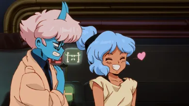 Two anime-inspired Orbitals characters stand together in a futuristic setting, with a heart symbol beside them