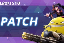 Palworld 1.0 PATCH graphic featuring a yellow gun-wielding creature and a character in dark clothing