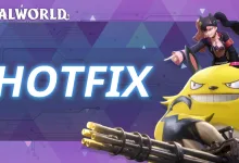 Palworld HOTFIX graphic featuring a yellow creature with a minigun and a Palworld character