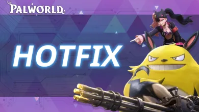 Palworld HOTFIX graphic featuring a yellow creature with a minigun and a Palworld character