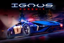 Pegassi Ignus Pursuit police supercar speeding through a city at night with its emergency lights flashing.