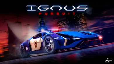 Pegassi Ignus Pursuit police supercar speeding through a city at night with its emergency lights flashing.