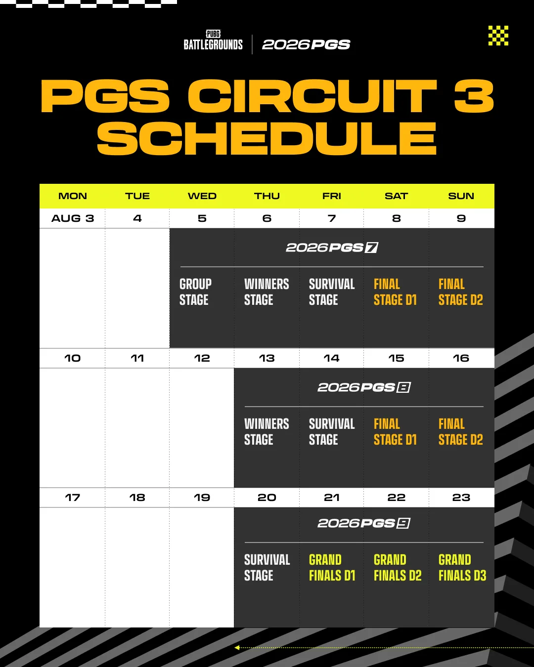 PGS Circuit 3 schedule from August 5 through August 23