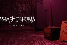 Phasmophobia hotfix artwork showing the game logo beside a caution sign in a dark red-lit room