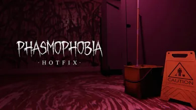 Phasmophobia hotfix artwork showing the game logo beside a caution sign in a dark red-lit room