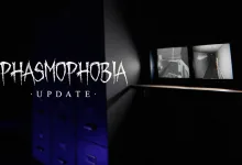 Phasmophobia update graphic showing the game's logo, a dark interior, and surveillance monitors