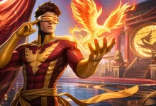 Cyclops-inspired superhero in red and gold armor holding a fiery phoenix in a fighting-game arena