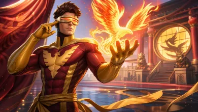 Cyclops-inspired superhero in red and gold armor holding a fiery phoenix in a fighting-game arena