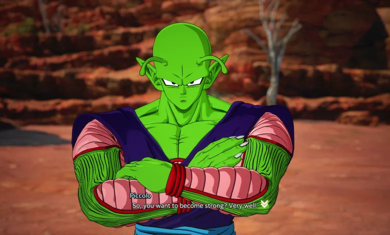Piccolo crosses his arms in a rocky arena in Dragon Ball: Sparking Zero
