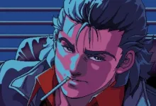 Close-up pixel-art portrait of a dark-haired man smoking in Policenauts
