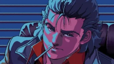 Close-up pixel-art portrait of a dark-haired man smoking in Policenauts