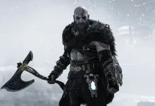 Kratos standing in the snow in God of War Ragnarök