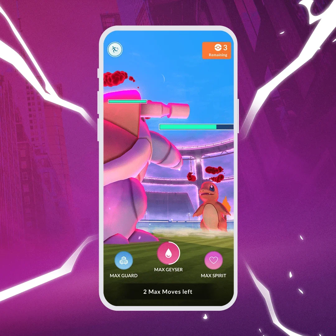 Pokémon GO Max Battle showing the Max Guard, Max Geyser, and Max Spirit controls