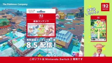 Pokémon Pokopia promotional image showing a colorful town, additional-content artwork, and Nintendo Switch 2 branding