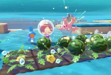 Pokémon Pokopia characters grow watermelons on an underwater farm alongside aquatic Pokémon