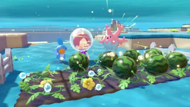 Pokémon Pokopia characters grow watermelons on an underwater farm alongside aquatic Pokémon