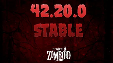 Red Project Zomboid artwork announcing Build 42.20.0 Stable
