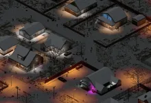 An overhead nighttime view of a snowy Project Zomboid neighborhood with lit houses, vehicles, fences, and dark figures moving through the streets.