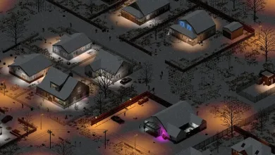 An overhead nighttime view of a snowy Project Zomboid neighborhood with lit houses, vehicles, fences, and dark figures moving through the streets.