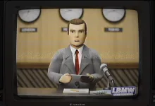 A Project Zomboid character sits at a desk speaking on an in-game television broadcast.