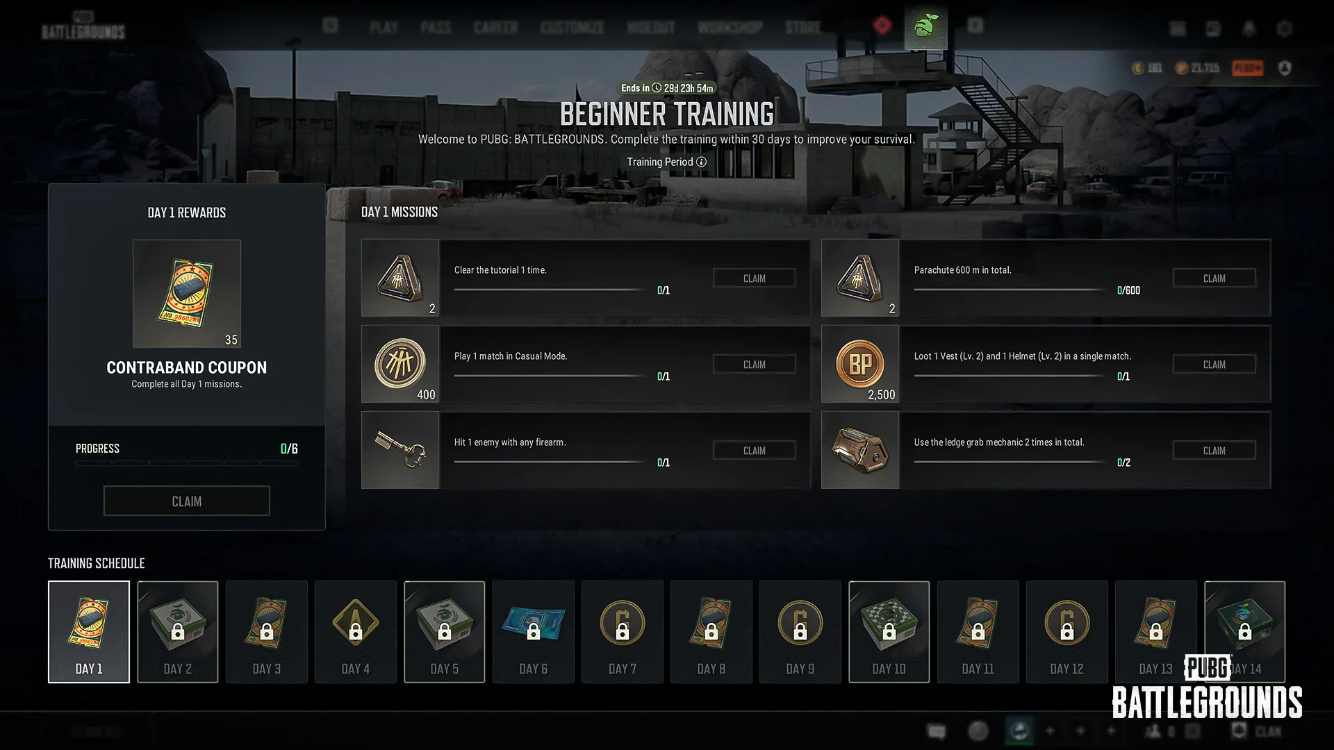 PUBG Beginner Training mission screen