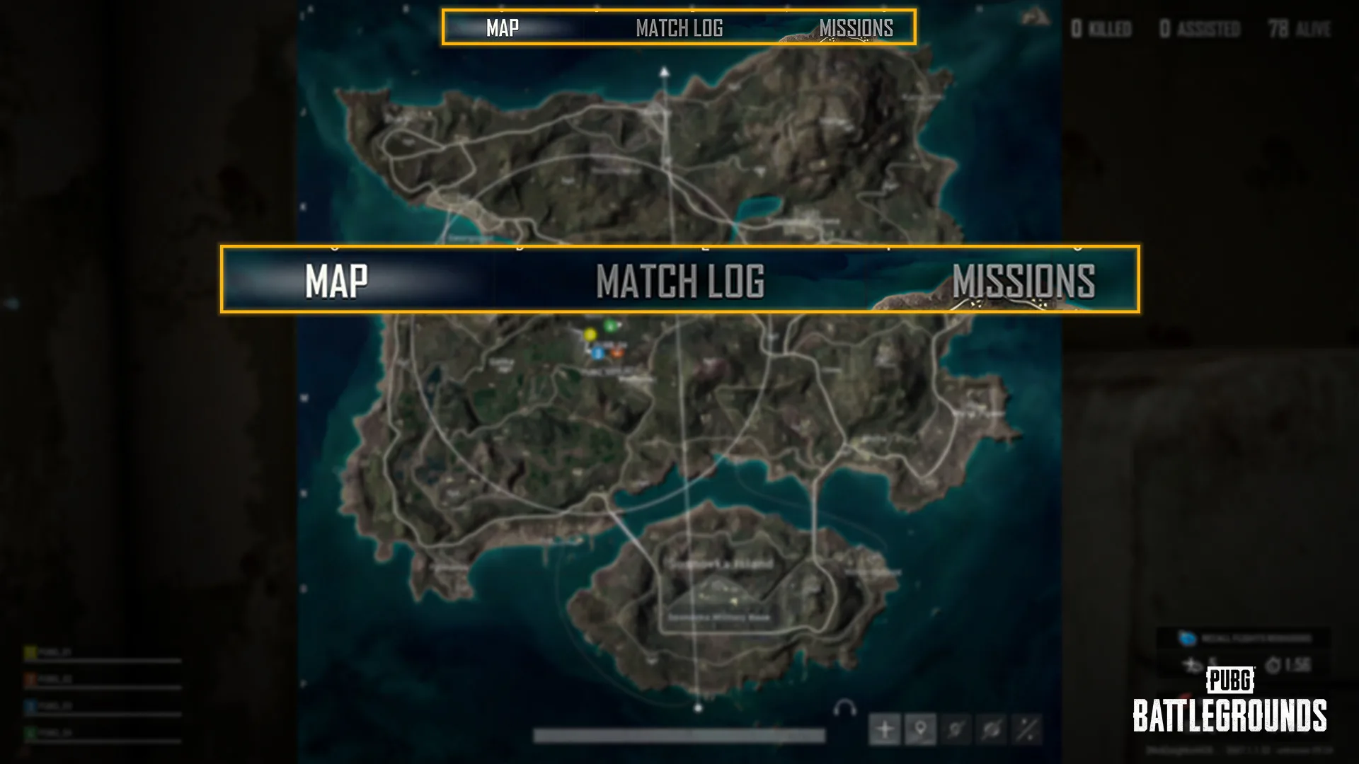 PUBG World Map tabs for Map, Match Log, and Missions