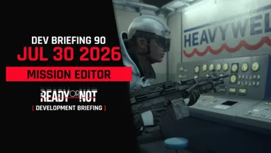 Ready or Not SWAT operator holding a rifle beside industrial equipment in artwork for the July 30, 2026 Mission Editor development briefing