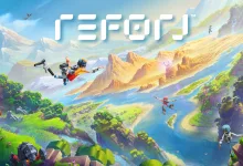 Reforj characters and flying machines above a colorful mountainous game world