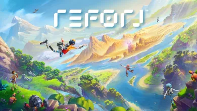Reforj characters and flying machines above a colorful mountainous game world