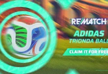 Rematch promotional graphic showing an Adidas Trionda Ball with text inviting players to claim it for free