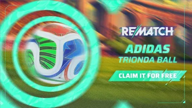 Rematch promotional graphic showing an Adidas Trionda Ball with text inviting players to claim it for free