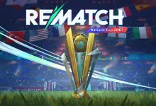 Rematch Nations Cup trophy displayed in a stadium surrounded by national flags
