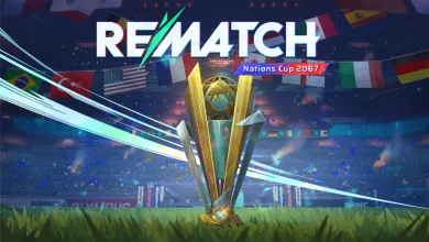 Rematch Nations Cup trophy displayed in a stadium surrounded by national flags