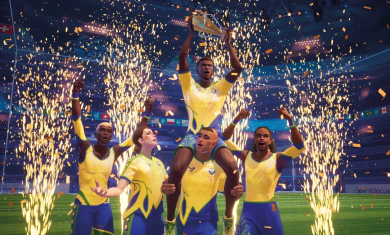 Rematch players in yellow and blue kits lift a trophy as fireworks erupt in a stadium